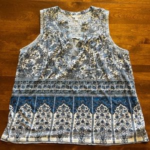 Lucky Brand Blue Boho Print Sleeveless Smocked Top Small